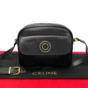 CELINE Circle Logo Leather Shoulder Bag Sacoche Black